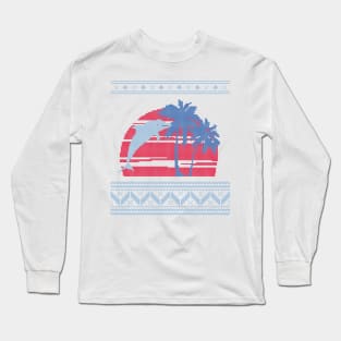 Blue, Light Blue and Red Palm Tree and Dolphin Ugly Christmas Sweater Design Long Sleeve T-Shirt